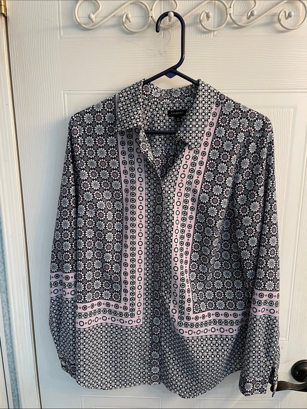 Talbots Black and Light Pink Geometric Print Button-Down Blouse